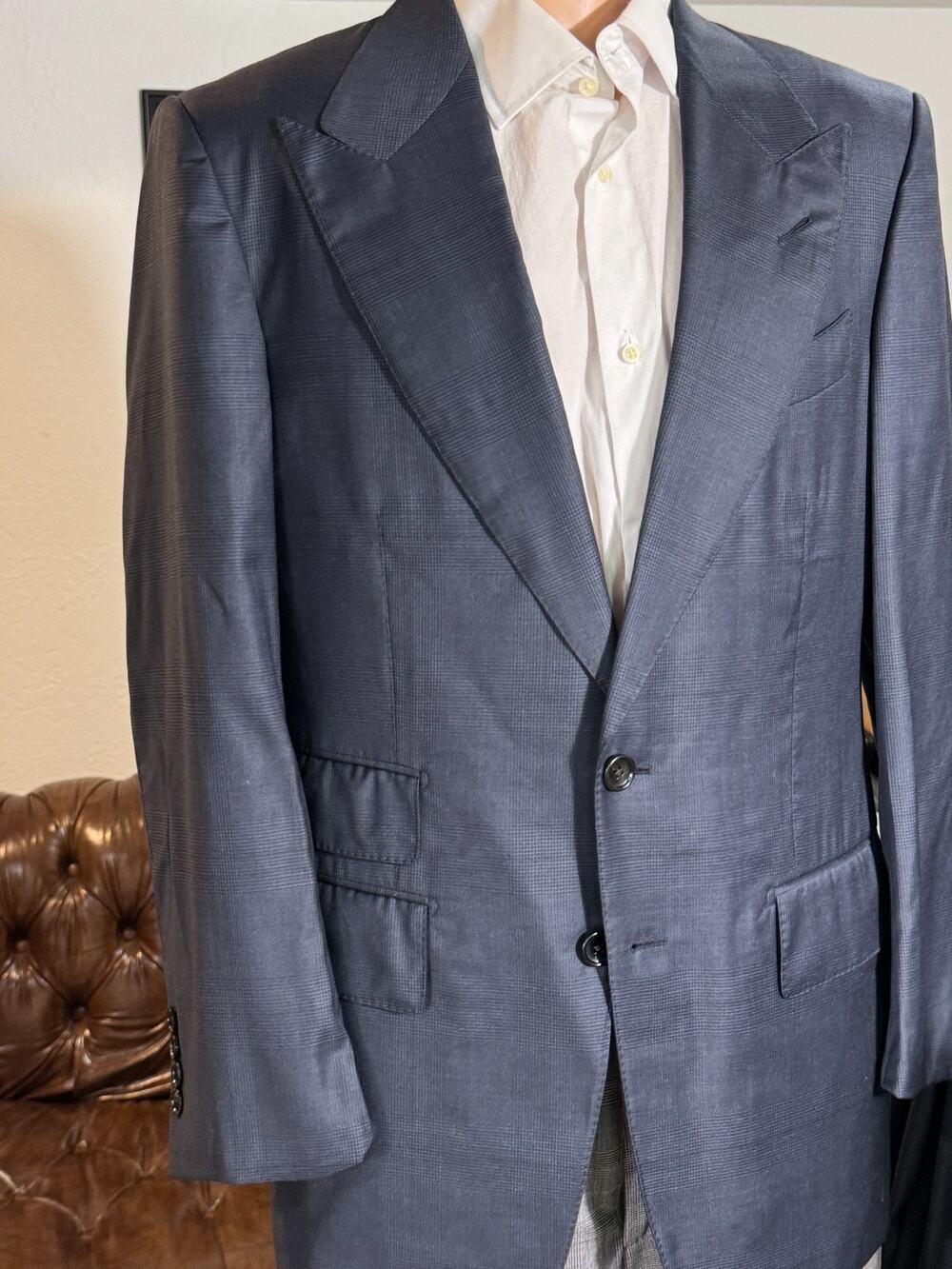 Tom Ford Houndstooth Prince of Wales Navy Blue Blazer 48 38R Peak Lapels Shelton